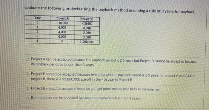  Evaluate the following projects using the payback method assuming a rule