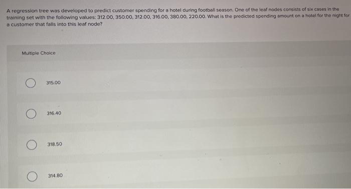  A regression tree was developed to predict customer spending for a