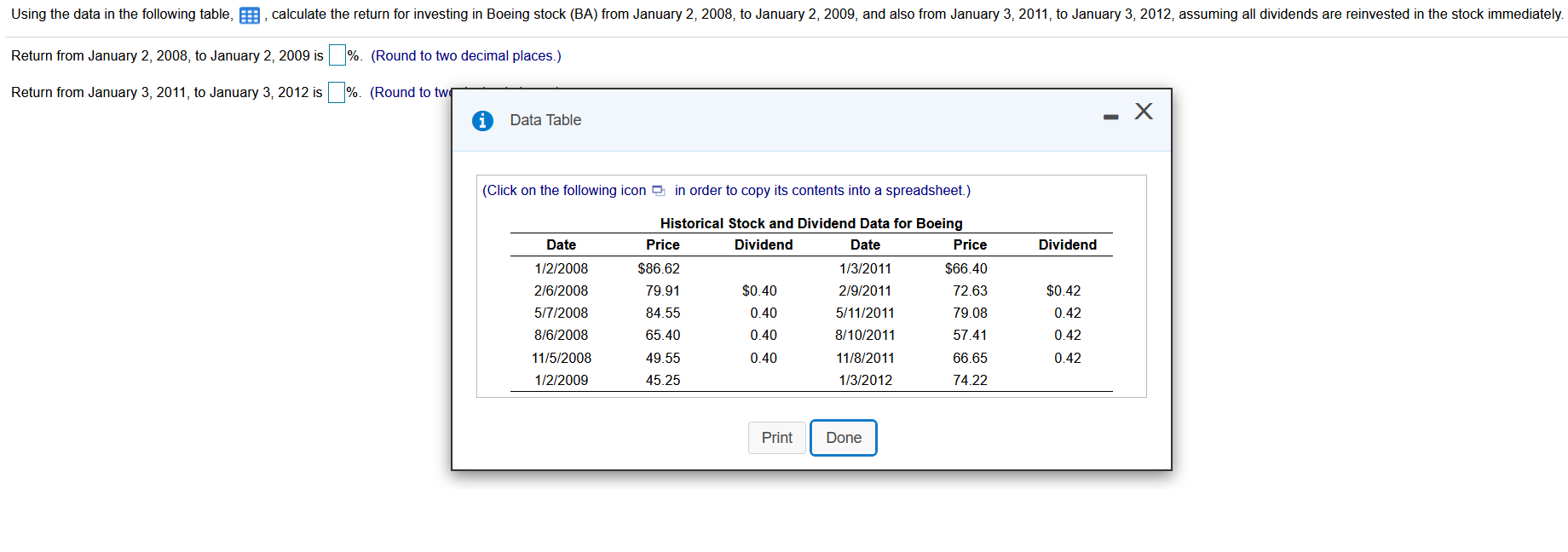  Using the data in the following table, E, calculate the return