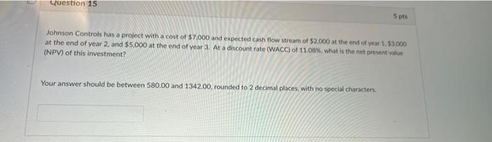  Question 15 5 pts Johnson Controls has a project with a