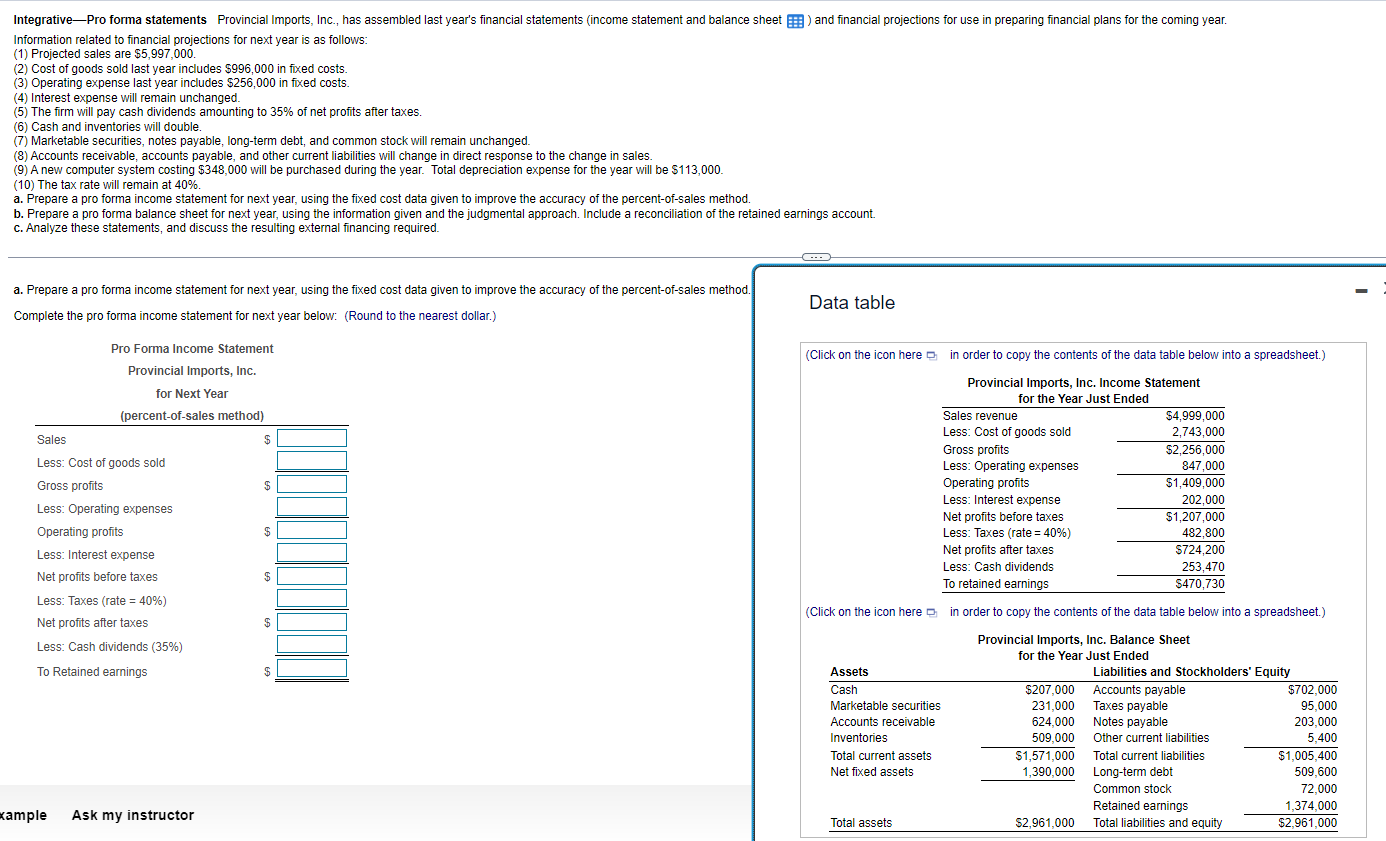  b. Prepare a pro forma balance sheet for next year, using