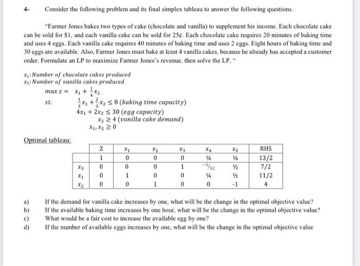  4- Consider the following problem and its final simplex tableau to
