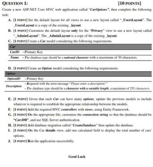  QUESTION 1: [10 POINTS] Create a new ASP.NET Core MVC web