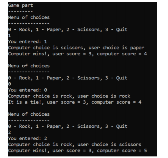 of choices: rock, paper, scissors, or quit, and prompts the user to