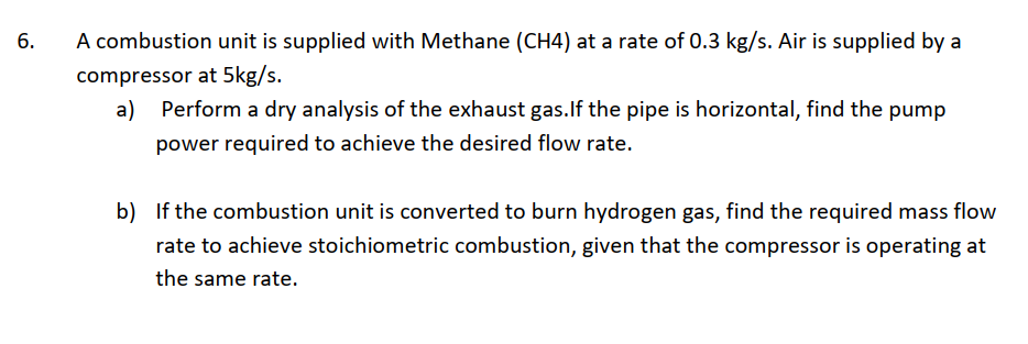  . 6. A combustion unit is supplied with Methane (CH4) at