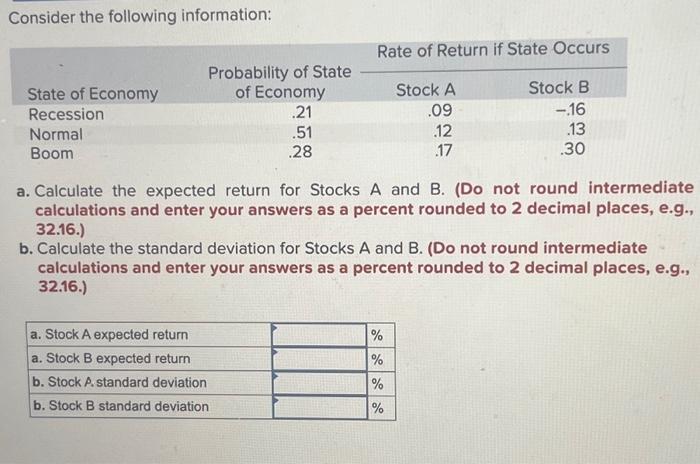  Consider the following information: a. Calculate the expected return for Stocks