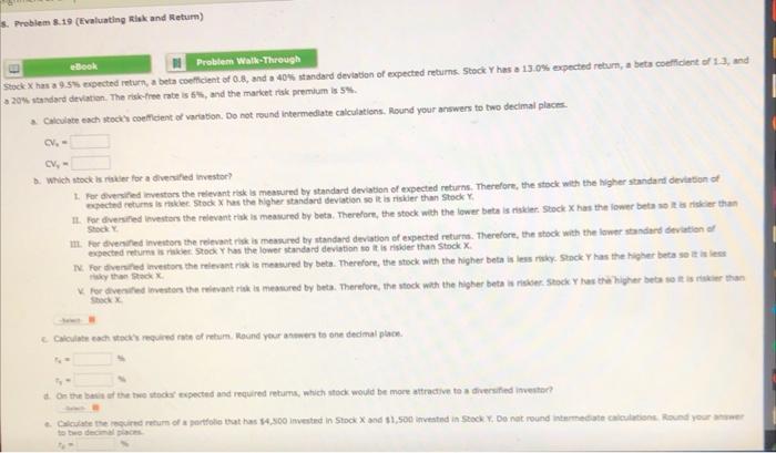  . Problem 8.19 (Evaluating Risk and Return) ebook Problem Walk-Through Stock