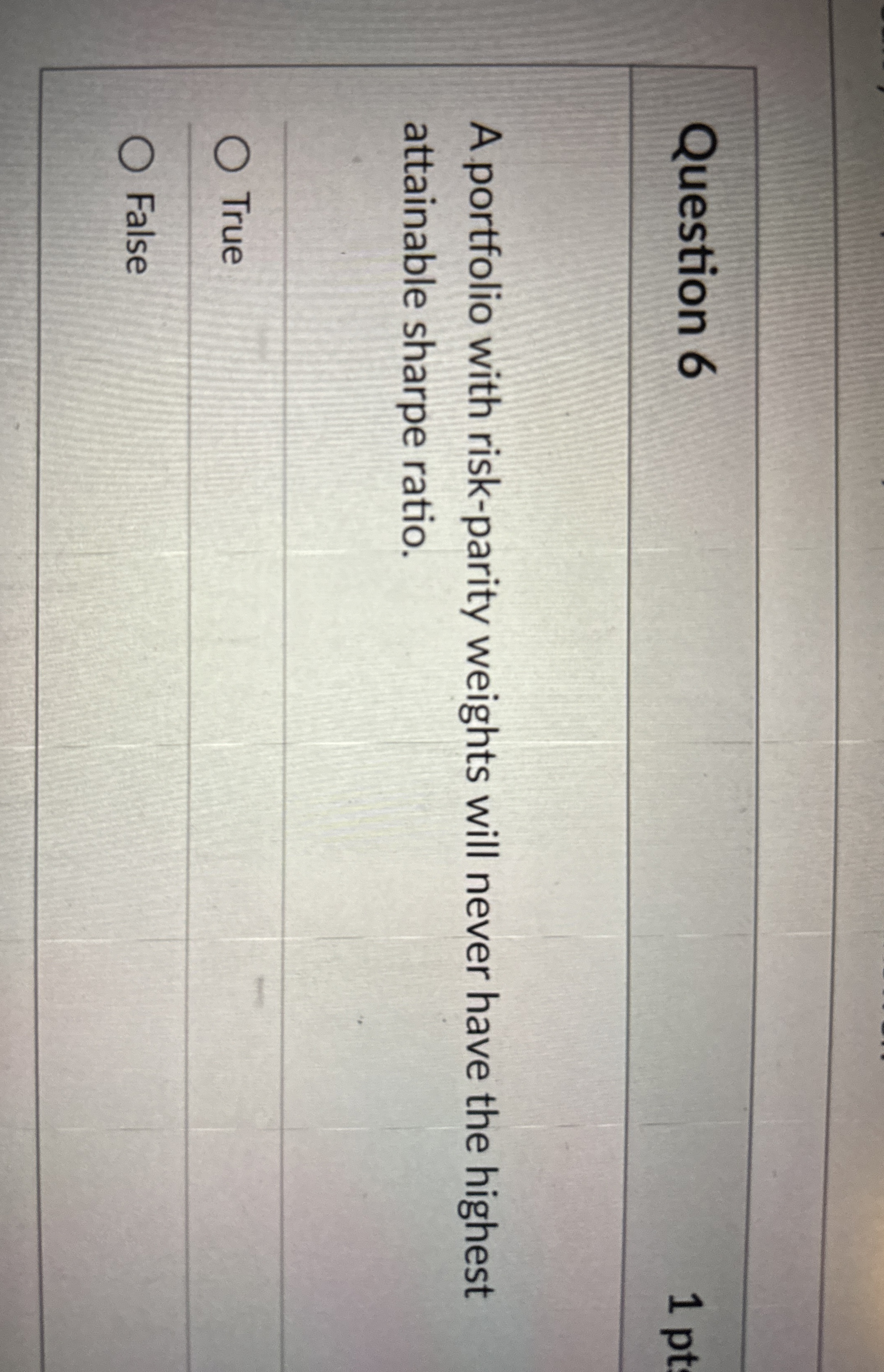  Question 6 A portfolio with risk-parity weights will never have the