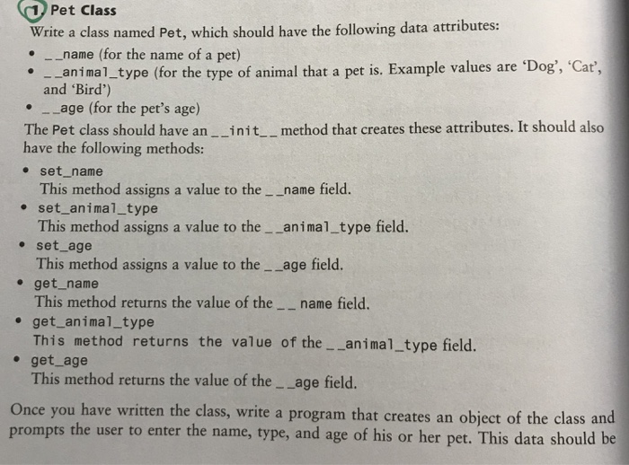  For Python Program Pet Class _name (for the name of a