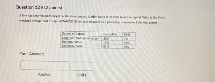  Question 12 (0.2 points) A firm has determined its target capital