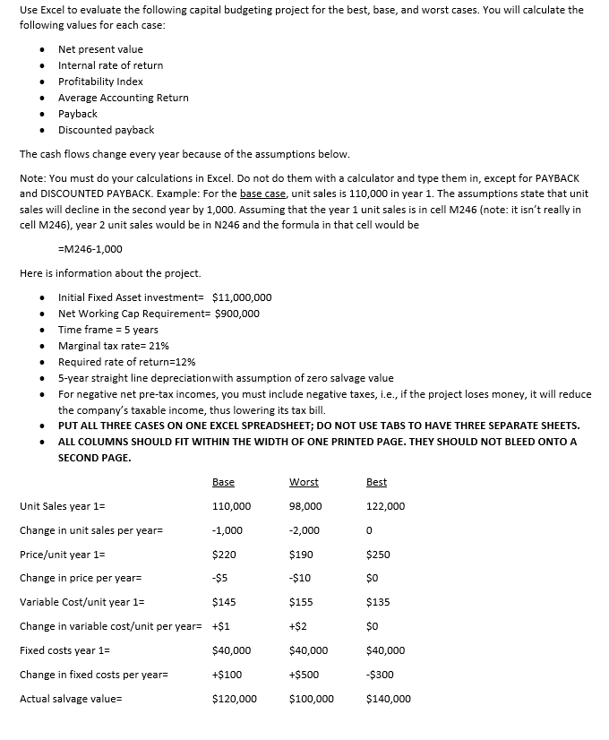 Instructions: Question: Please answer in excel/ in a table. Thank you. Use