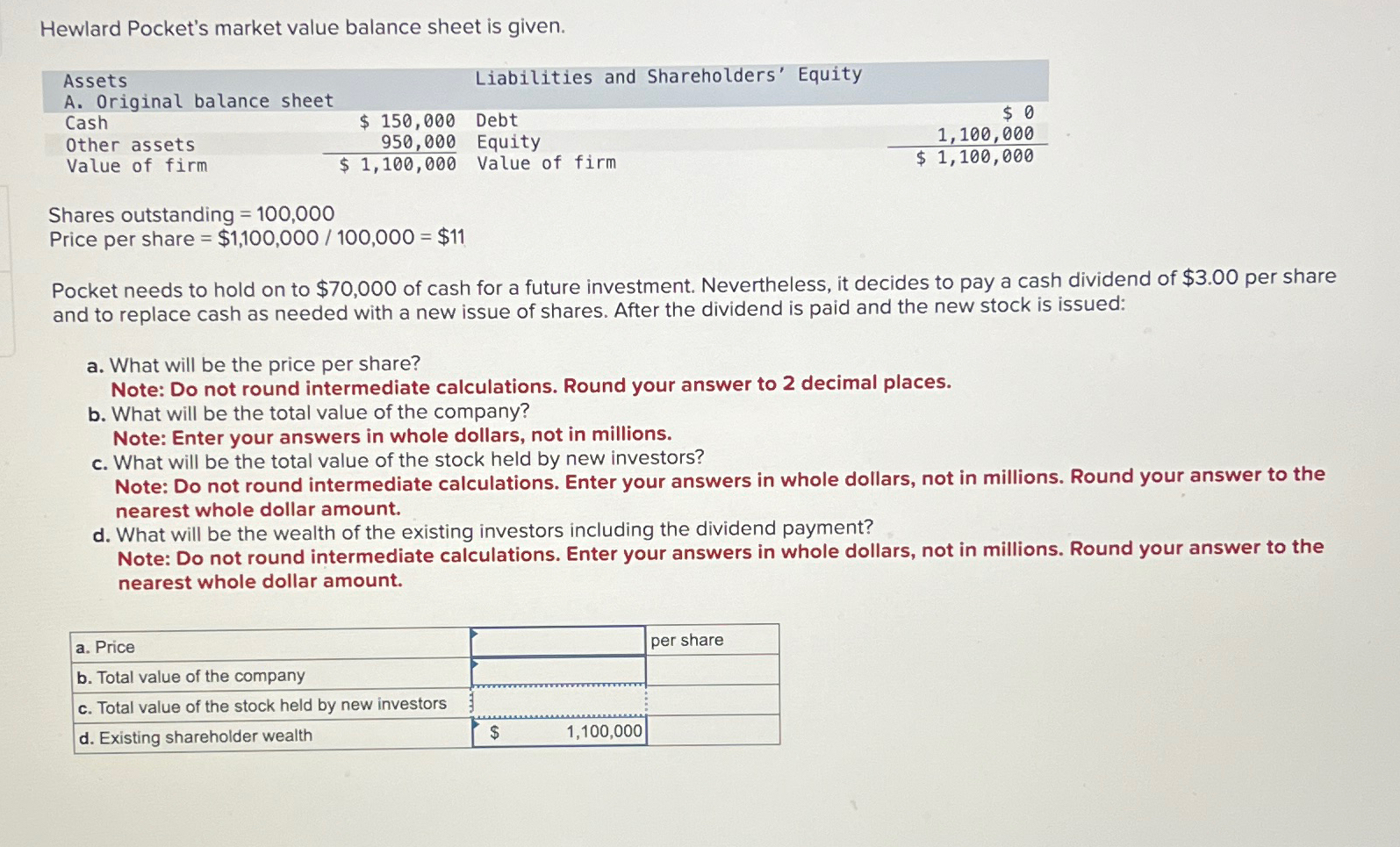  Hewlard Pocket's market value balance sheet is given. \table[[\table[[Assets],[A. Original balance