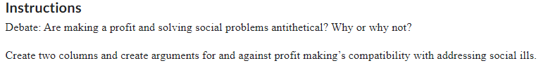  Instructions Debate: Are making a profit and solving social problems antithetical?