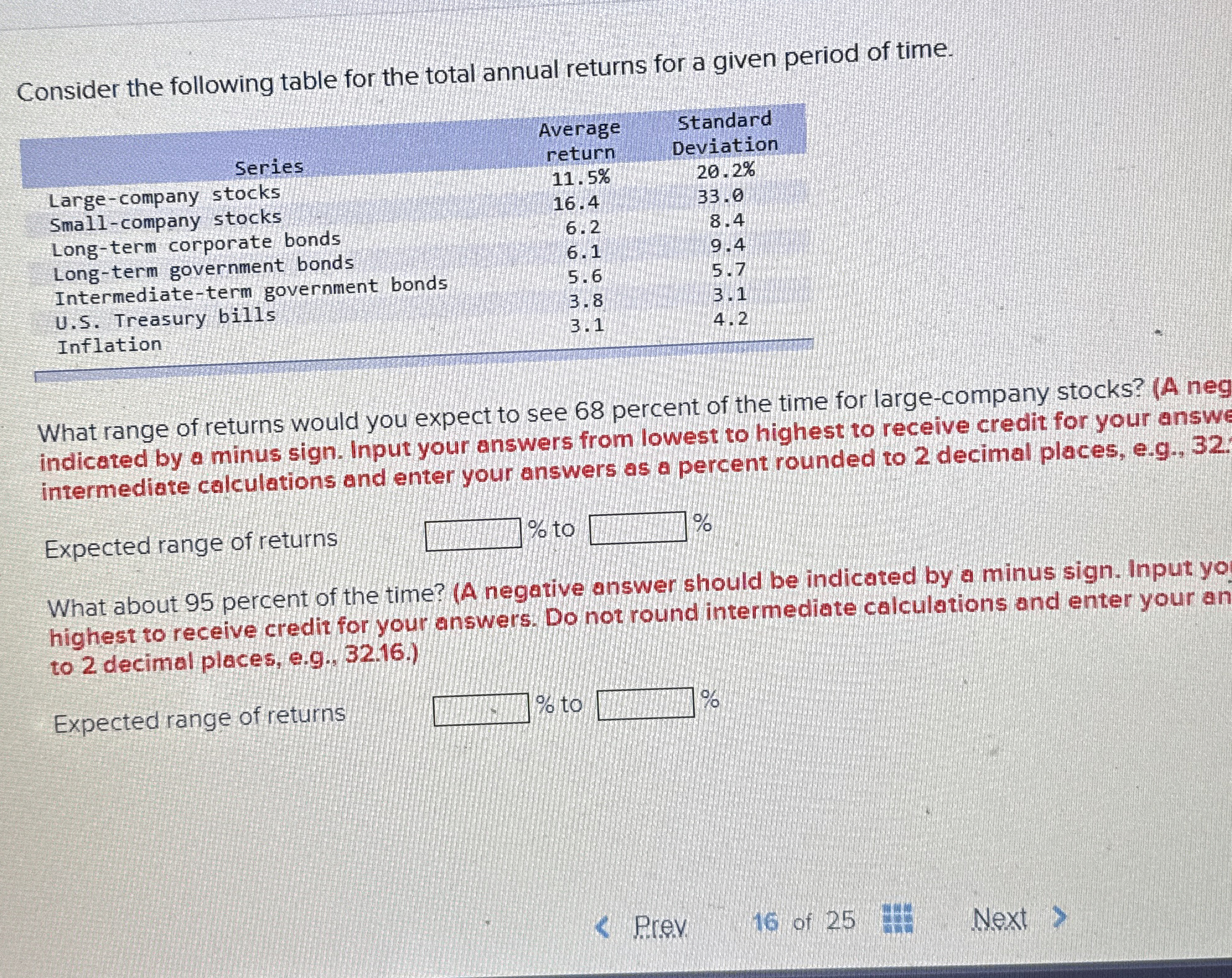 Consider the following table for the total annual returns for a