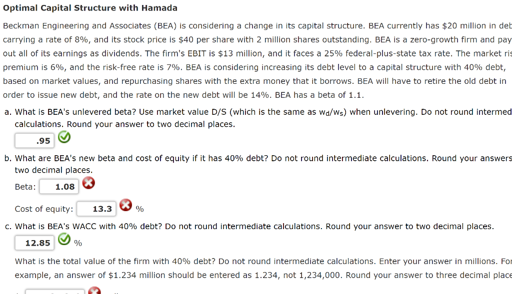  Optimal Capital Structure with Hamada Beckman Engineering and Associates (BEA) is
