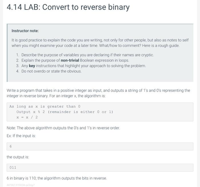 4.14 lab: convert to reverse binary. can someone help me fix the