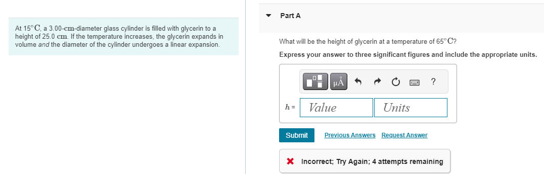  Part A At 15C, a 3.00-cm-diameter glass cylinder is filled with