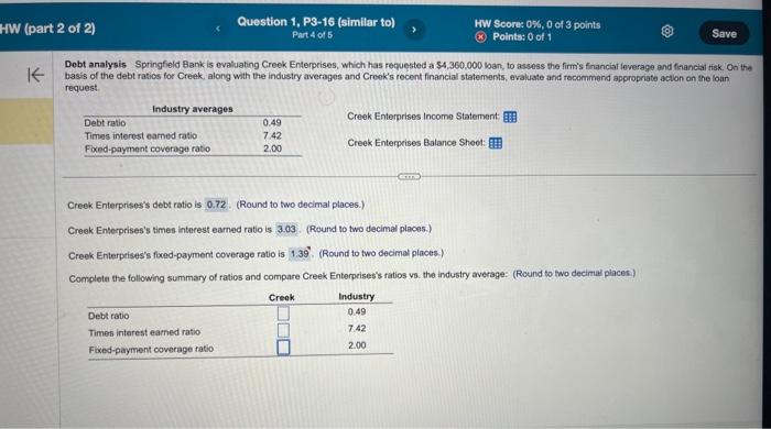 Help please! Dobt analysis Springfield Bank is evaluating Creek Enterprises, which has