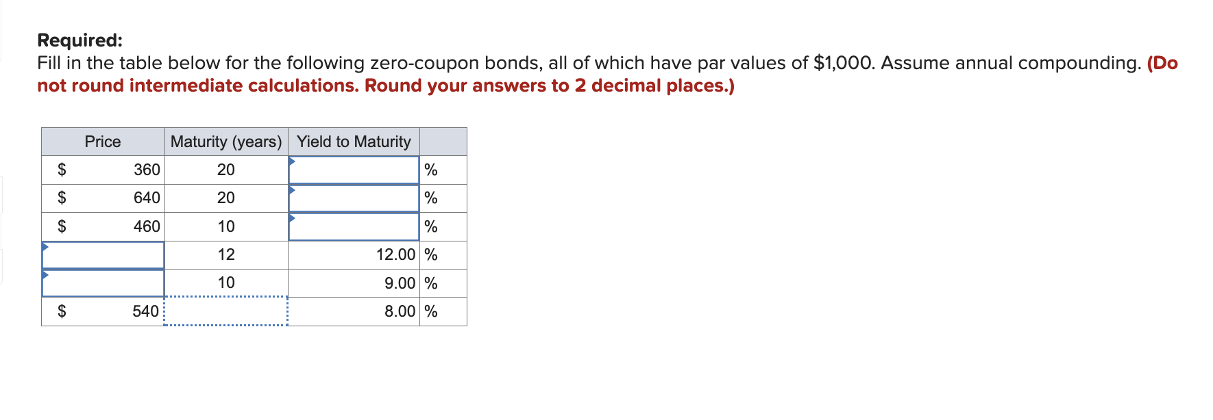  Required: Fill in the table below for the following zero-coupon bonds,