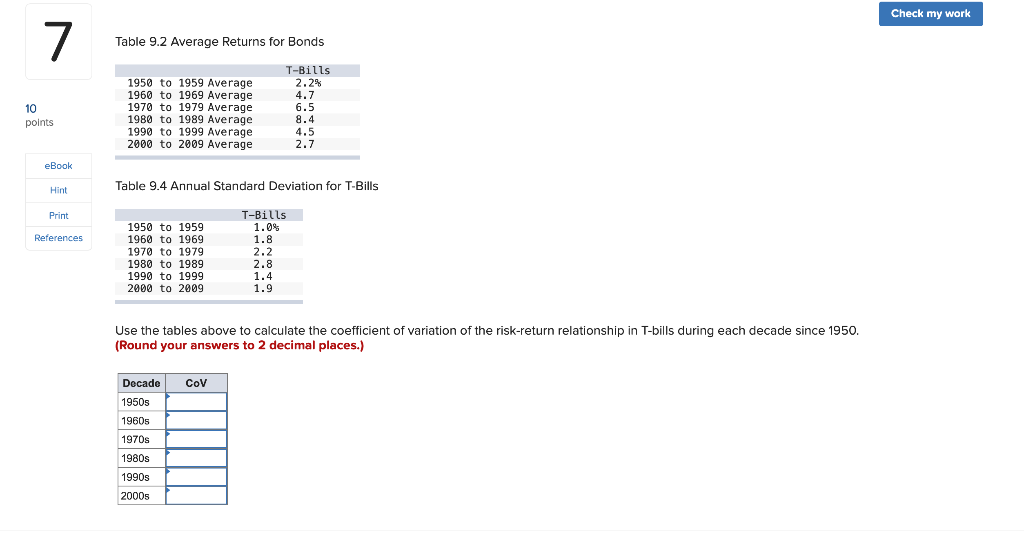  Check my work 7 Table 9.2 Average Returns for Bonds 10