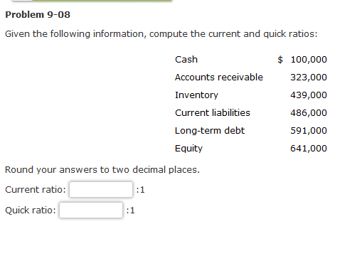  Problem 9-08 Given the following information, compute the current and quick