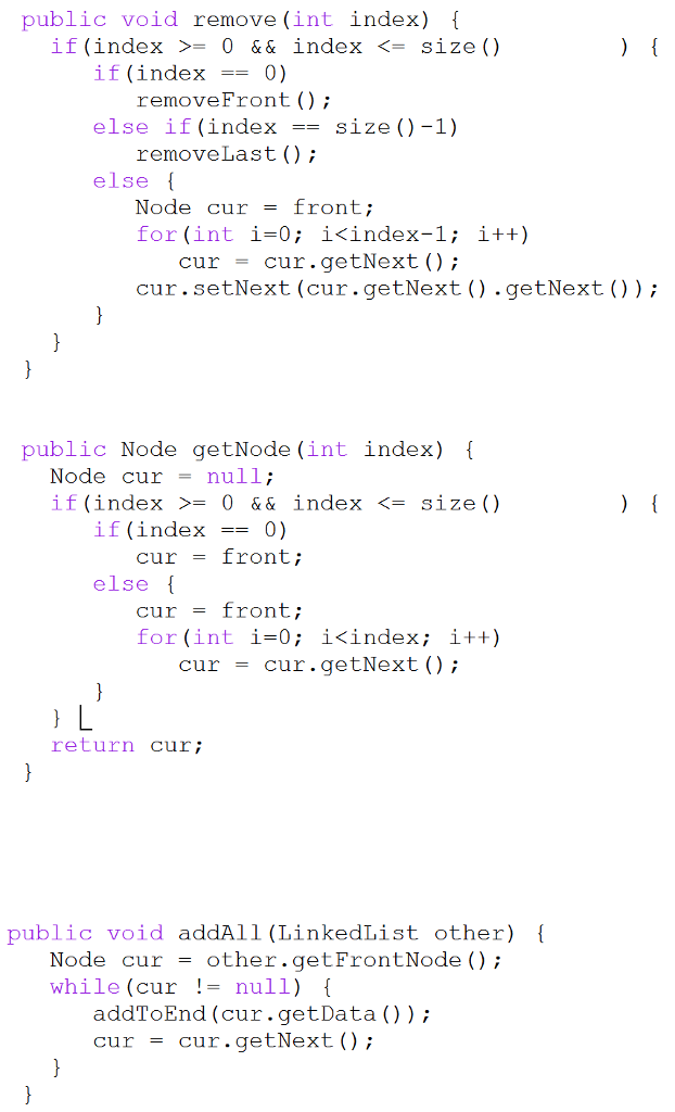 a dequeue method, and a peek method. The LinkedList class you use
