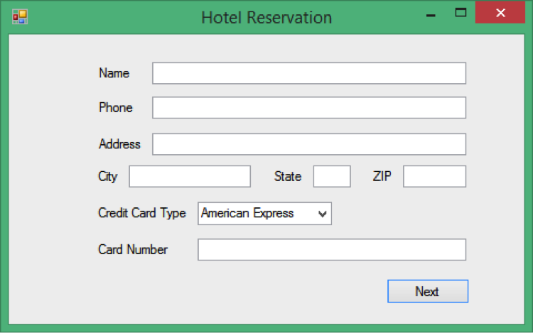 contact information and billing information. There are four forms in this application.