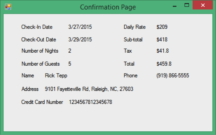 check-in date, and two NumericUpDown controls to choose length of stay and