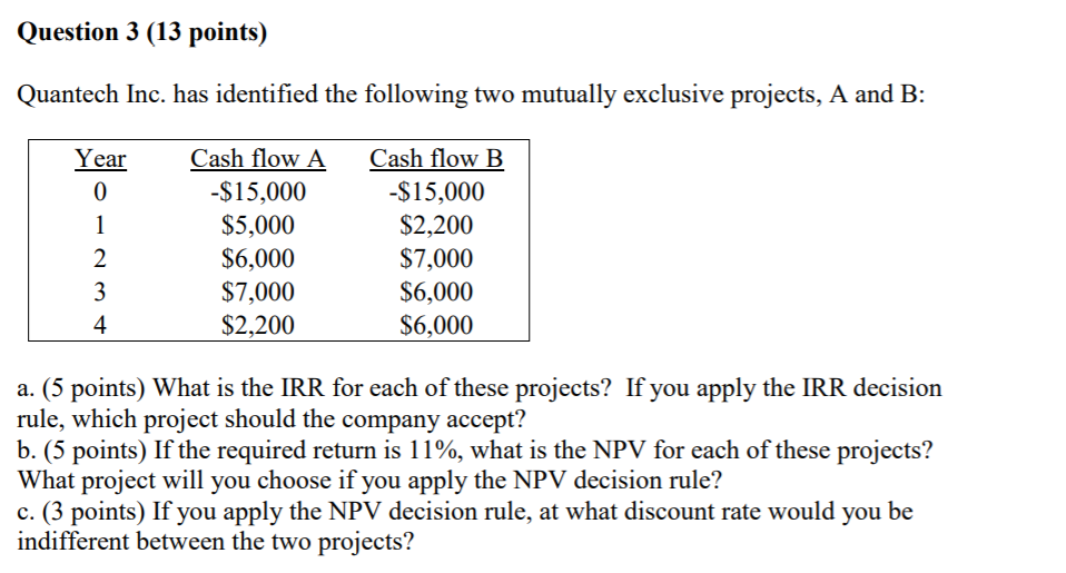  Question 3 (13 points) Quantech Inc. has identified the following two