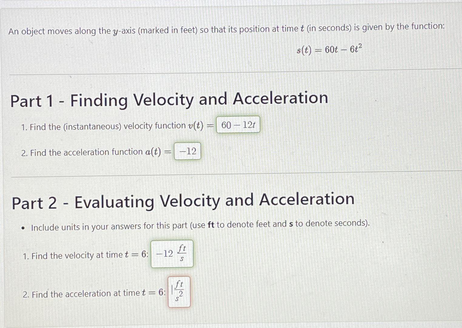  An object moves along the y-axis (marked in feet) so that