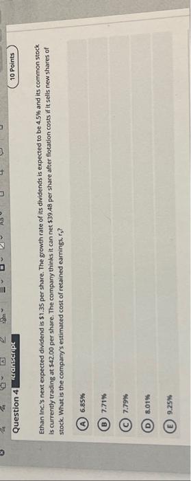 ch.10 question 4 please show step by step Ethan Inc.'s next expected