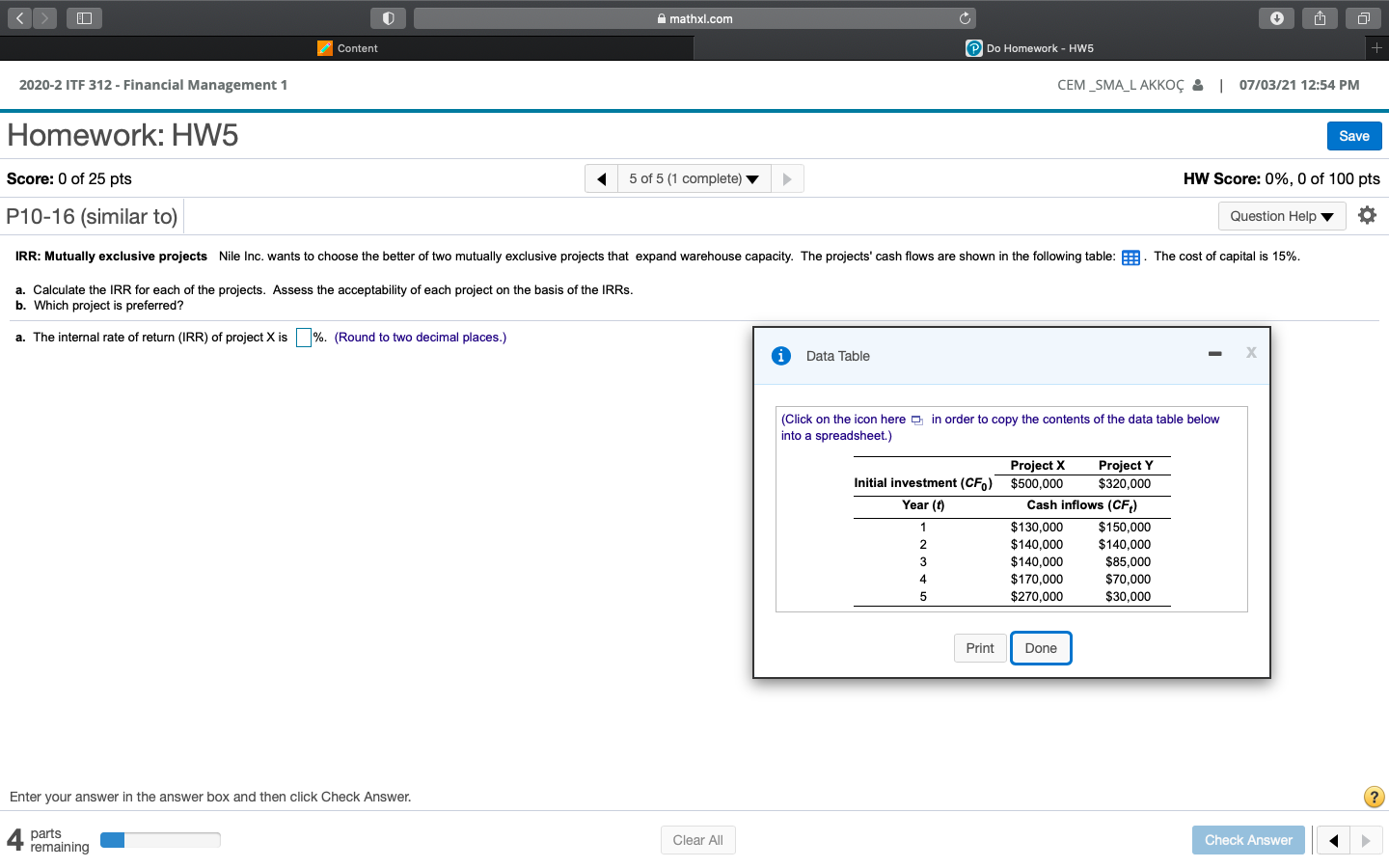 0 mathxl.com Content Do Homework - HW5 + 2020-2 ITF 312