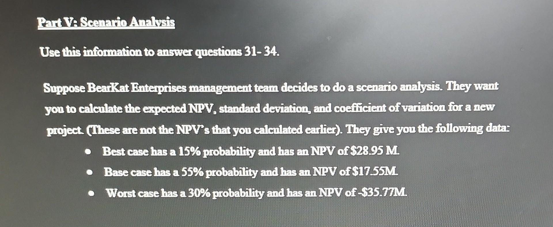  Part VA Scenario Analysis Use this information to answer questions 31-34.