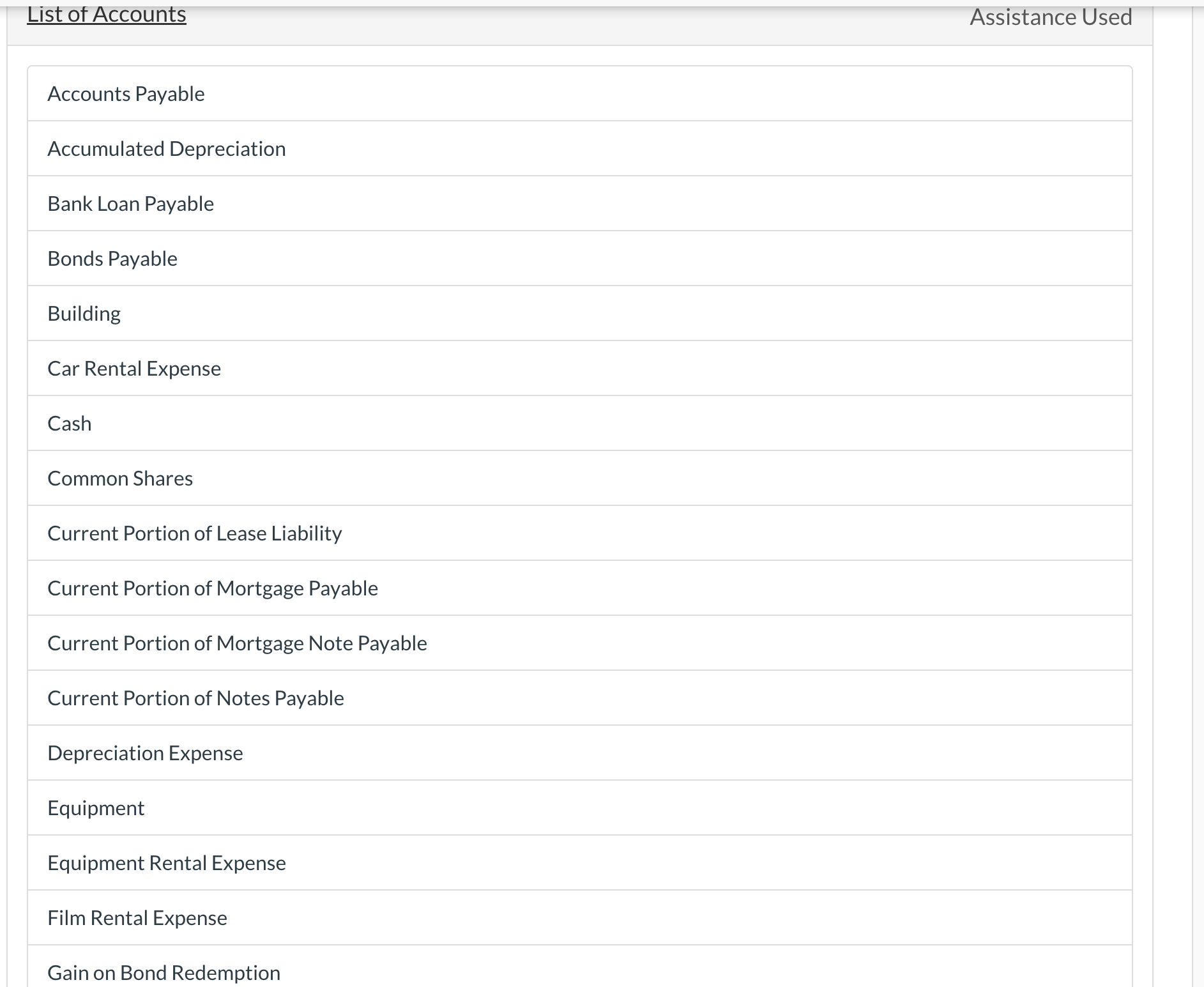 on that one blank spot List of Accounts Assistance Used Accounts Payable