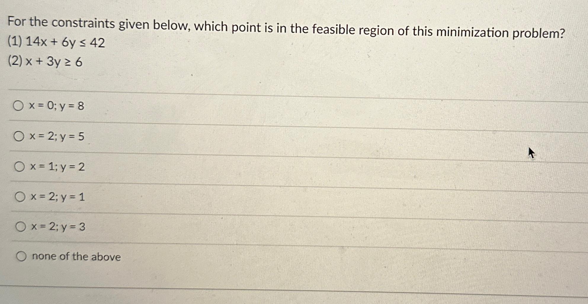  For the constraints given below, which point is in the feasible
