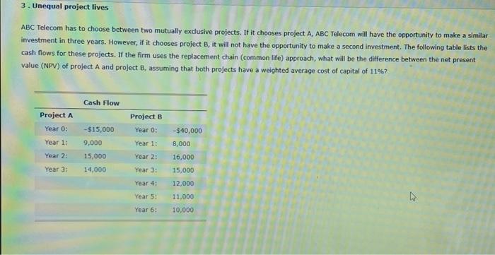  same question different parts, so please answer all 3. Unequal project
