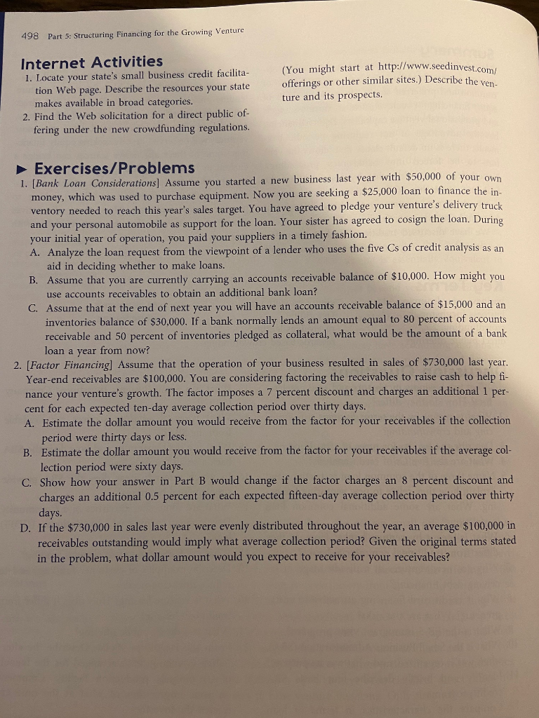 Help with #1? 498 Part 5: Structuring Financing for the Growing Venture