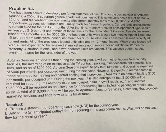  Problem 9-6 You have been asked to develop a pro forma