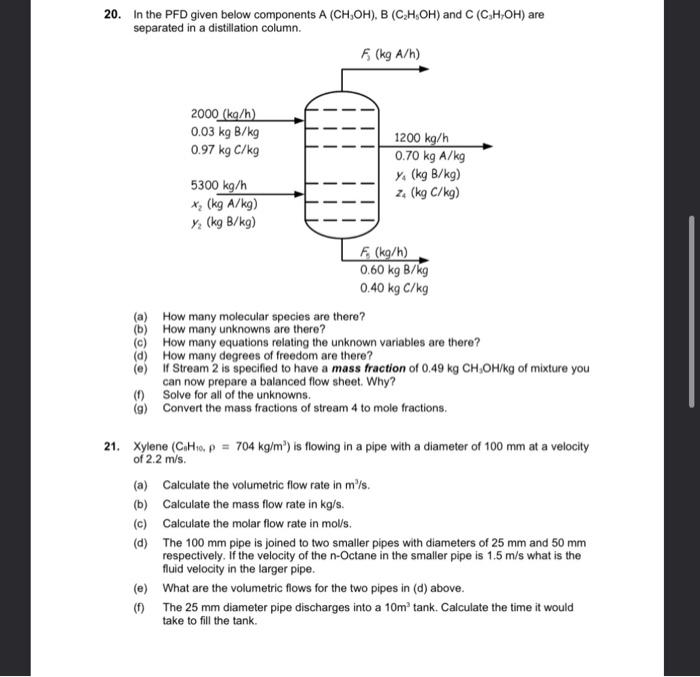  20. In the PFD given below components A (CH,OH), B (C,H,OH)