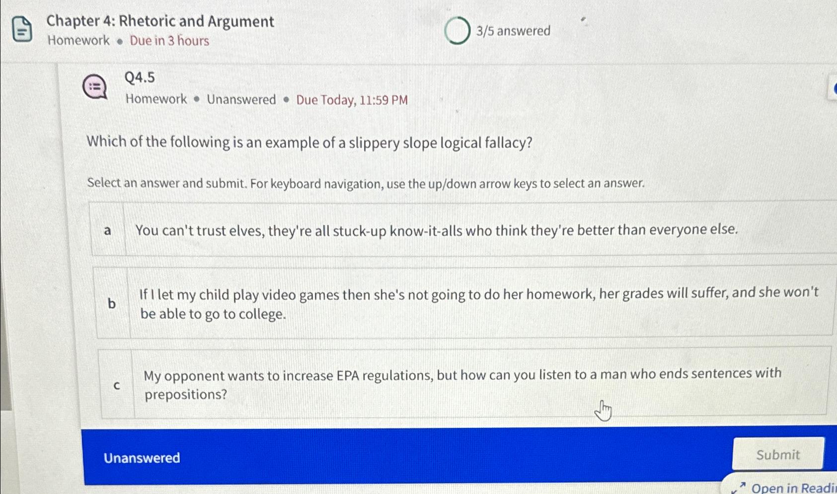  Chapter 4: Rhetoric and Argument Homework * Due in 3 hours