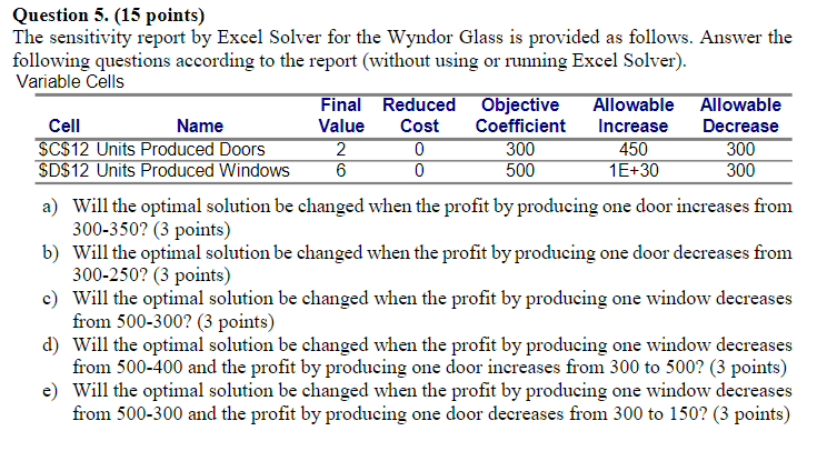 Question 5. (15 points) The sensitivity report by Excel Solver for