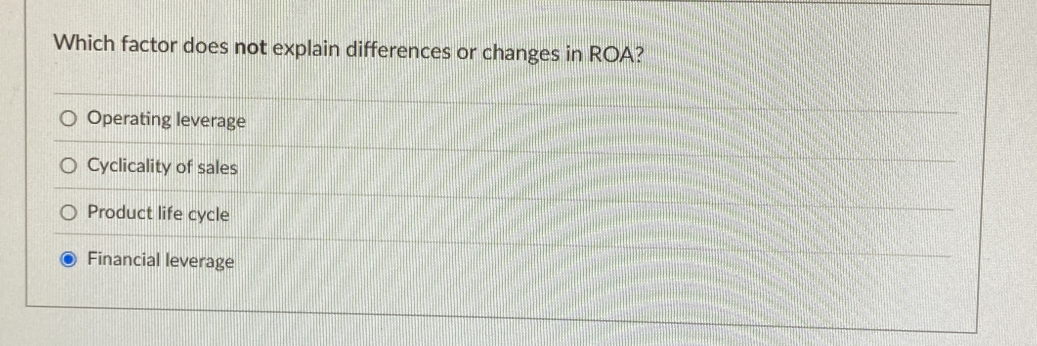  Which factor does not explain differences or changes in ROA? Operating