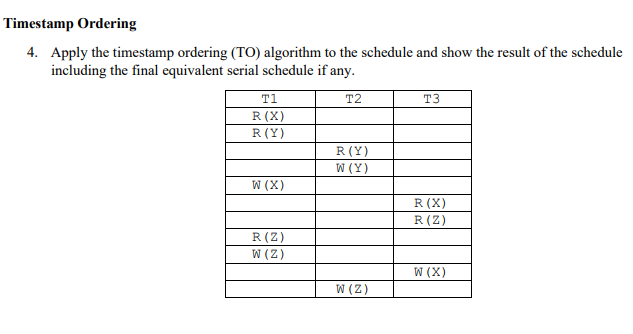 Timestamp Ordering 4. Apply the timestamp ordering (TO) algorithm to the