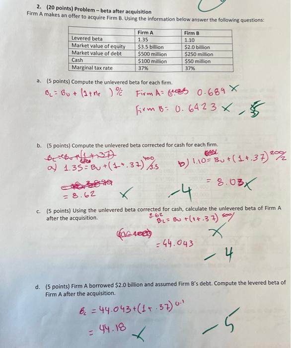  Problem - beta after acquisition Firm A makes an offer to