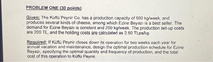  PROBLEM ONE ( 30 points) Given: The Kufl Peynir Co. has