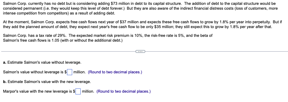  Salmon Corp. currently has no debt but is considering adding $73