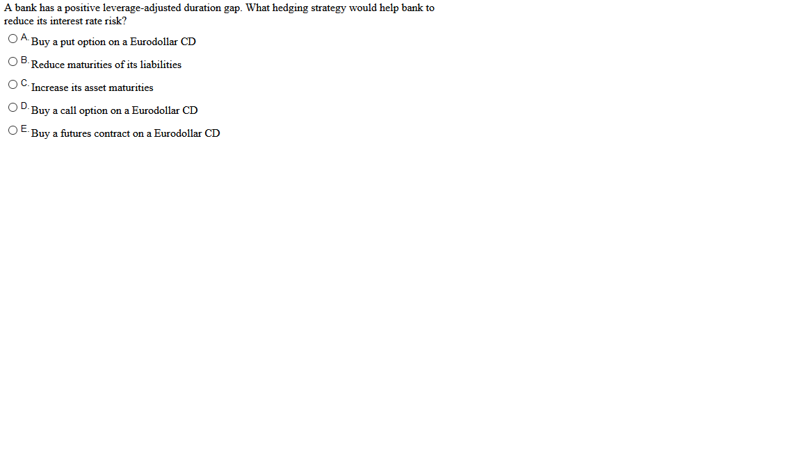 A bank has a positive leverage-adjusted duration gap. What hedging strategy