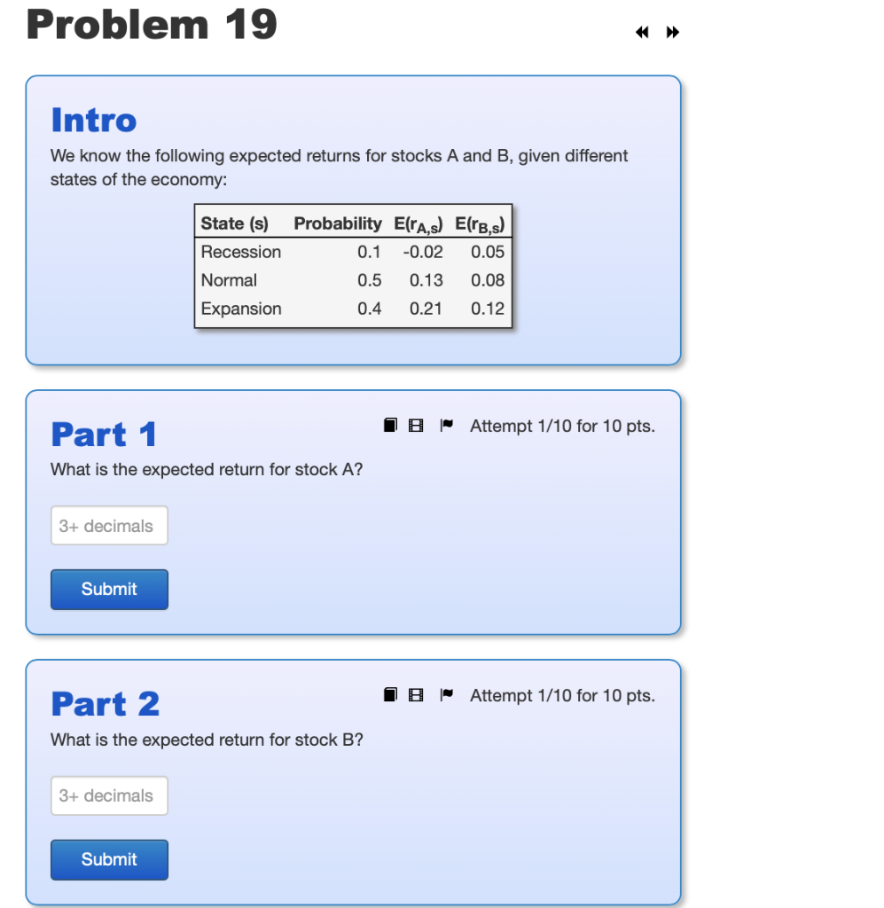  Problem 19 Intro We know the following expected returns for stocks