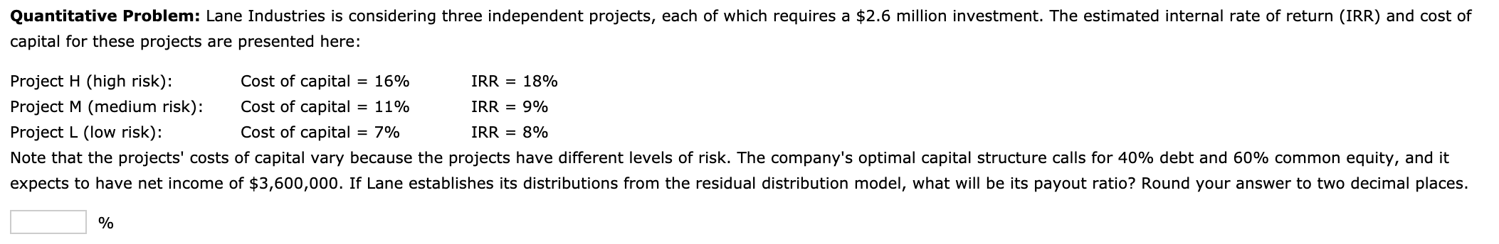Quantitative Problem: Lane Industries is considering three independent projects, each of