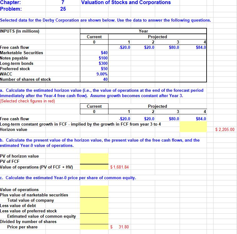 Please show the formulas in the cells Chapter: Problem: Valuation of